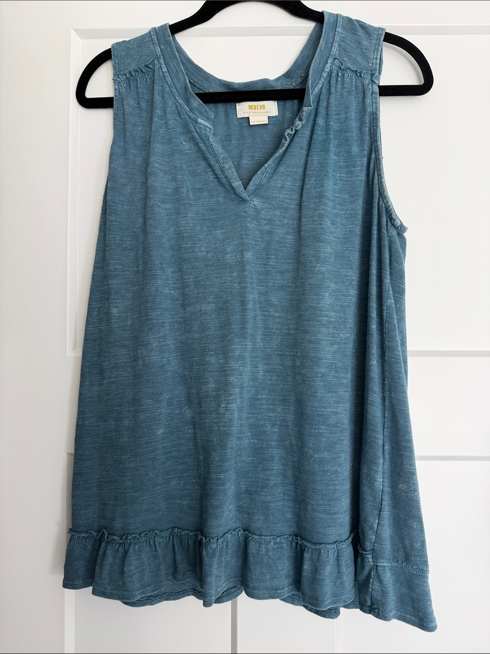 Anthropologie Maeve Blue Washed V-Neck Ruffle Hem Tank